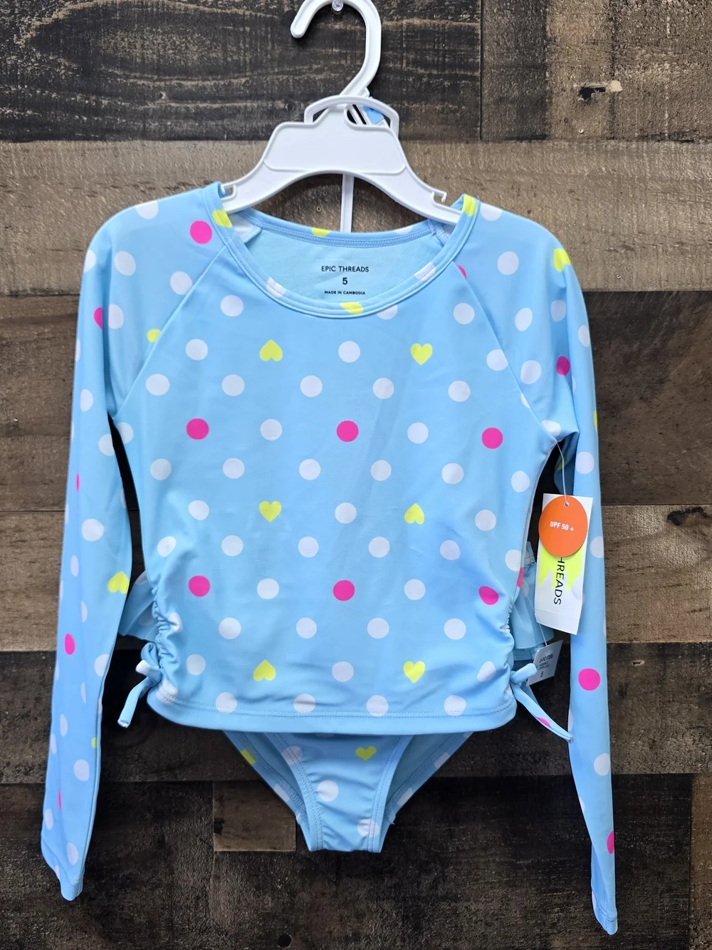 Epic Threads Girls' Blue Polka Dot Long-Sleeve Rash Guard Swim Set Size 5